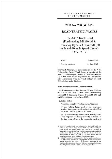 The A487 Trunk Road (Porthmadog, Minffordd & Tremadog Bypass, Gwynedd) (30 mph and 40 mph Speed Limits) Order 2017