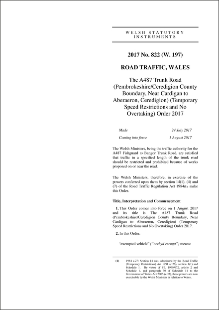 The A487 Trunk Road (Pembrokeshire/Ceredigion County Boundary, Near Cardigan to Aberaeron, Ceredigion) (Temporary Speed Restrictions and No Overtaking) Order 2017