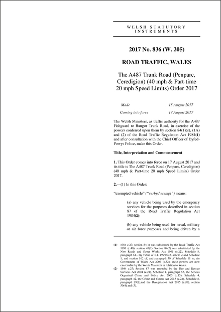 The A487 Trunk Road (Penparc, Ceredigion) (40 mph & Part-time 20 mph Speed Limits) Order 2017