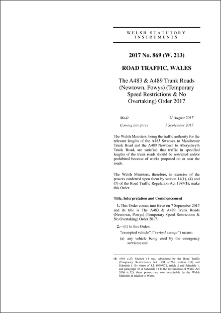 The A483 & A489 Trunk Roads (Newtown, Powys) (Temporary Speed Restrictions & No Overtaking) Order 2017