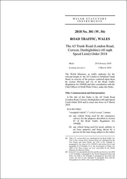 The A5 Trunk Road (London Road, Corwen, Denbighshire) (40 mph Speed Limit) Order 2018