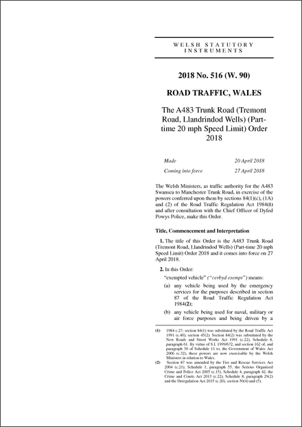 The A483 Trunk Road (Tremont Road, Llandrindod Wells) (Part-time 20 mph Speed Limit) Order 2018