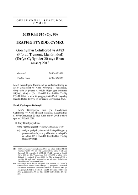 Gorchymyn Cefnffordd yr A483 (Ffordd Tremont, Llandrindod) (Terfyn Cyflymder 20 mya Rhan-amser) 2018