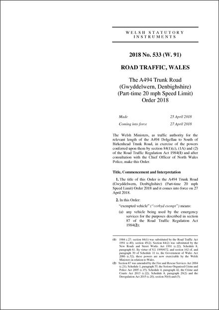 The A494 Trunk Road (Gwyddelwern, Denbighshire) (Part-time 20 mph Speed Limit) Order 2018