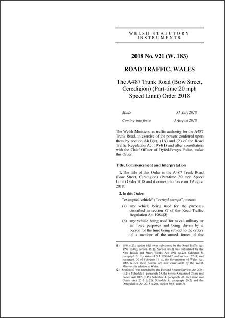 The A487 Trunk Road (Bow Street, Ceredigion) (Part-time 20 mph Speed Limit) Order 2018