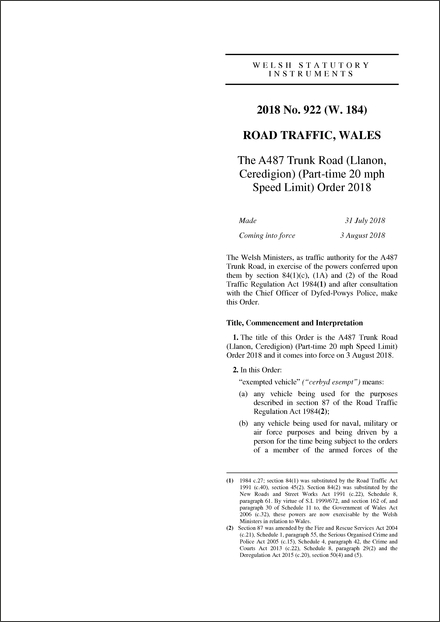 The A487 Trunk Road (Llanon, Ceredigion) (Part-time 20 mph Speed Limit) Order 2018