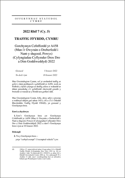 Gorchymyn Cefnffordd yr A458 (Man i'r Dwyrain o Dreberfedd i Nant-y-dugoed, Powys) (Cyfyngiadau Cyflymder Dros Dro a Dim Goddiweddyd) 2022