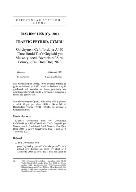 Gorchymyn Cefnffordd yr A470 (Troetffordd Tua’r Gogledd ym Metws-y-coed, Bwrdeistref Sirol Conwy) (Cau Dros Dro) 2023