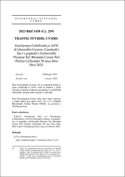 Gorchymyn Cefnffordd yr A470 (Cyfnewidfa Coryton, Caerdydd i fan i’r gogledd o Gyfnewidfa Ffynnon Taf, Rhondda Cynon Taf) (Terfyn Cyflymder 50 mya Dros Dro) 2023