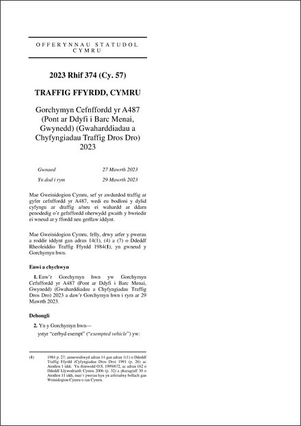 Gorchymyn Cefnffordd yr A487 (Pont ar Ddyfi i Barc Menai, Gwynedd) (Gwaharddiadau a Chyfyngiadau Traffig Dros Dro) 2023