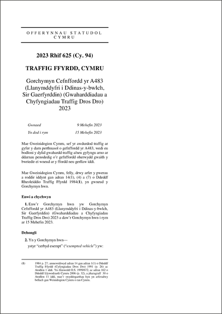 Gorchymyn Cefnffordd yr A483 (Llanymddyfri i Ddinas-y-bwlch, Sir Gaerfyrddin) (Gwaharddiadau a Chyfyngiadau Traffig Dros Dro) 2023