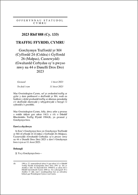 Gorchymyn Traffordd yr M4 (Cyffordd 24 (Coldra) i Gyffordd 26 (Malpas), Casnewydd) (Gwahardd Cerbydau sy’n pwyso mwy na 44 o Dunelli Dros Dro) 2023