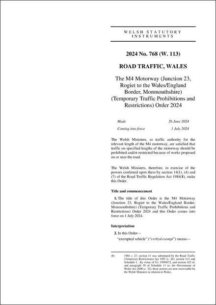 The M4 Motorway (Junction 23, Rogiet to the Wales/England Border, Monmouthshire) (Temporary Traffic Prohibitions and Restrictions) Order 2024